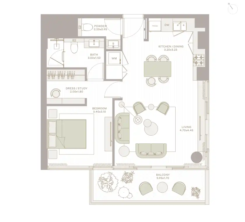 1BR apartment layout Type A at Elm ParkFive